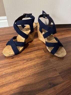 INC International Concepts Navy Suede Cork Wedge Sandals with Crisscross Straps